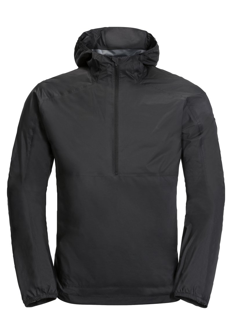 Schwarze leichte Jacke mit Kapuze, halbem Reißverschluss vorne, elastischen Bündchen und glatter Textur. Geeignet für wechselnde Wetterbedingungen.