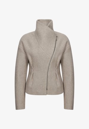 Beige Wolle-Mix-Jacke mit hohem Kragen, asymmetrischem Frontdesign und seitlichem Reißverschluss. Besitzt eine taillierte Passform und versteckte Taschen.