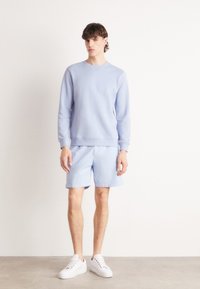 Felpa azzurra a girocollo con polsini e orlo a costine, abbinata a pantaloni corti azzurri e sneakers bianche, in piedi su uno sfondo neutro.