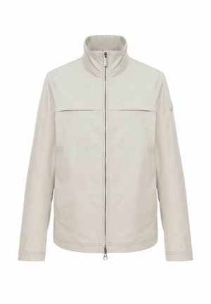 Világosszürke dzseki magas gallérral, elöl cipzáros záródással és kontrasztos panellel a mellrészen. Minimalista kialakítással és ujjakkal.