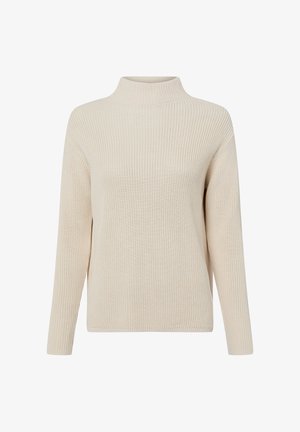 Beiger Strickpullover mit hohem Kragen, langen Ärmeln und gerippter Struktur. Das Design zeichnet sich durch eine lockere Passform und einen geraden Saum aus.