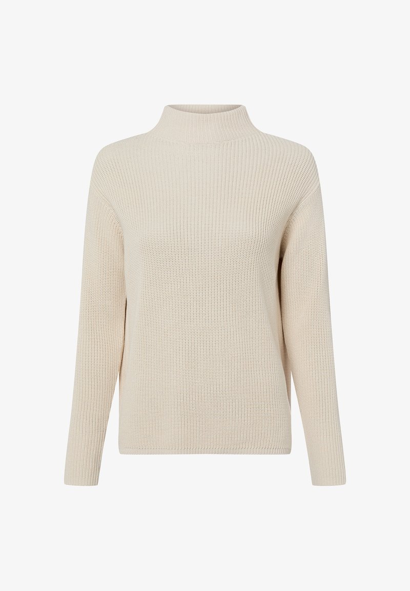 Beiger Strickpullover mit hohem Kragen, langen Ärmeln und gerippter Struktur. Das Design zeichnet sich durch eine lockere Passform und einen geraden Saum aus.