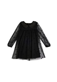 Svart klänning med långa transparenta ärmar, rund krage och overlay av tulle med hjärtformade mönster. Utsvängd design med knappstängning bak.