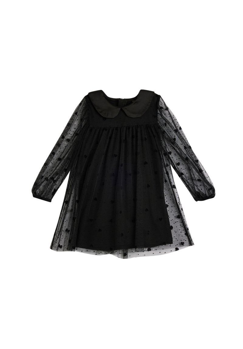 Svart klänning med långa transparenta ärmar, rund krage och overlay av tulle med hjärtformade mönster. Utsvängd design med knappstängning bak.