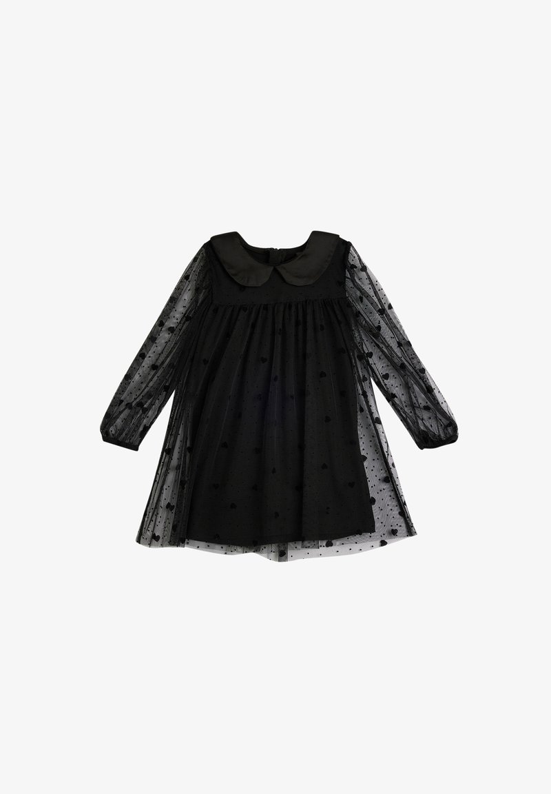 Schwarzes Kleid mit langen durchsichtigen Ärmeln, rundem Kragen und Tüllüberzug mit Herzmuster. Ausgestelltes Design mit einer Knopfverschluss hinten.