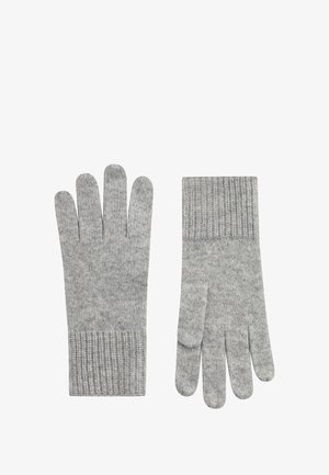Grijze gebreide handschoenen met een geribde manchet. Bevat individuele vingers en een zachte textuur, geschikt voor koud weer.