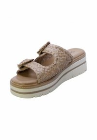 Sandalo platform in beige intrecciato con due cinturini decorativi, punta tonda e una zeppa bianca spessa con sottili accenti grigi.