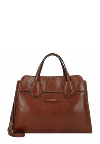 Borsa in pelle marrone con due manici arrotondati, una forma strutturata e una finitura lucida. Presenta una piccola placca con logo nella parte anteriore.