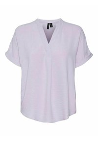 Blouse courte à manches courtes de couleur violet clair avec un col en V, un ourlet légèrement incurvé et un tissu doux et texturé. Design décontracté adapté à un usage quotidien.