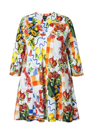 Mehrfarbiges Tunika-Kleid mit Blumen- und Obstmustern. Hergestellt aus leichtem Stoff mit lässigem Schnitt und Dreiviertelärmeln.