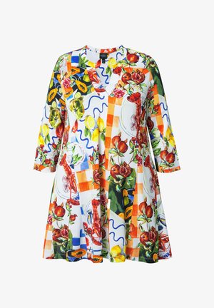 Mehrfarbiges Tunika-Kleid mit Blumen- und Obstmustern. Hergestellt aus leichtem Stoff mit lässigem Schnitt und Dreiviertelärmeln.