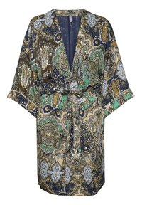 Kort kappa med vida ärmar och knytband, prydd med ett intrikat paisley-mönster i gröna, marinblå, beige och ljusblå toner.