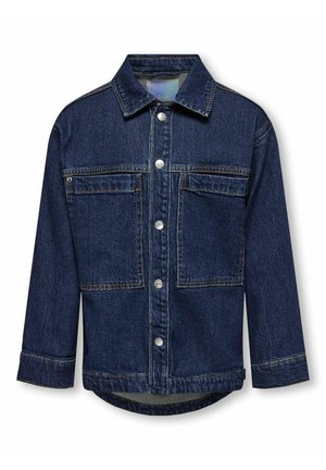 Mørkeblå denimjakke med krave, frontknaplukning og to brystlommer, med kontrastsyninger og lige snit.