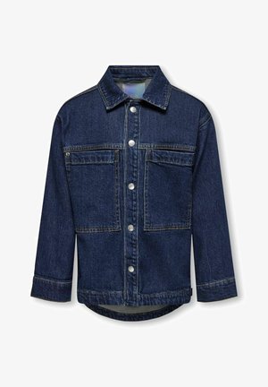 Tmavo modrá džínsová bunda s golierom, predným zapínaním na gombíky a dvoma vreckami na hrudi, s kontrastným prešívaním a rovný strih.