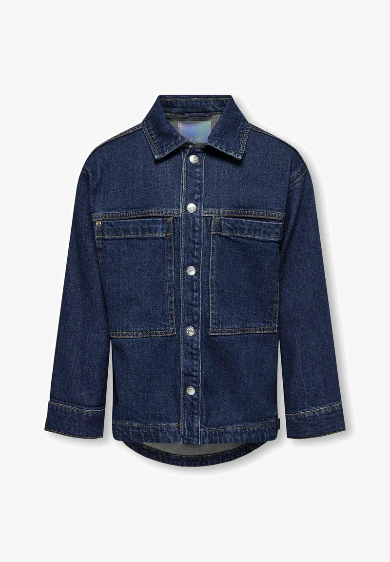 Tmavo modrá džínsová bunda s golierom, predným zapínaním na gombíky a dvoma vreckami na hrudi, s kontrastným prešívaním a rovný strih.