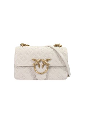 White leather handbag with embossed pattern, featuring a gold-tone hardware clasp shaped like two birds and a chain strap.