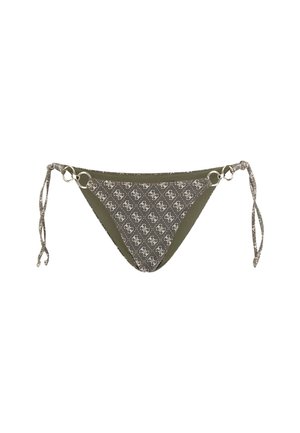 Zöld bikini alsó, mintás szürke elejével, kerek arany hardverekkel és megkötős oldalszíjakkal az állítható illeszkedés érdekében.