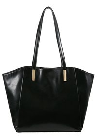 Black leather tote bag with a structured shape, smooth texture, and gold-tone accents on the handles. Large capacity for daily use.