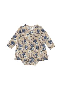 Béžový overal s dlouhým rukávem a květinovým vzorem, který obsahuje modré a krémové květiny. Vyroben z měkkého materiálu s nařaseným pasem a patentním zapínáním.