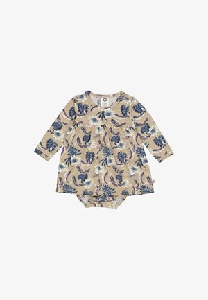 Langærmet romper i beige med et blomsterprint, der har blå og cremefarvede blomster. Fremstillet af blødt materiale med en indsyet talje og trykknaplukning.