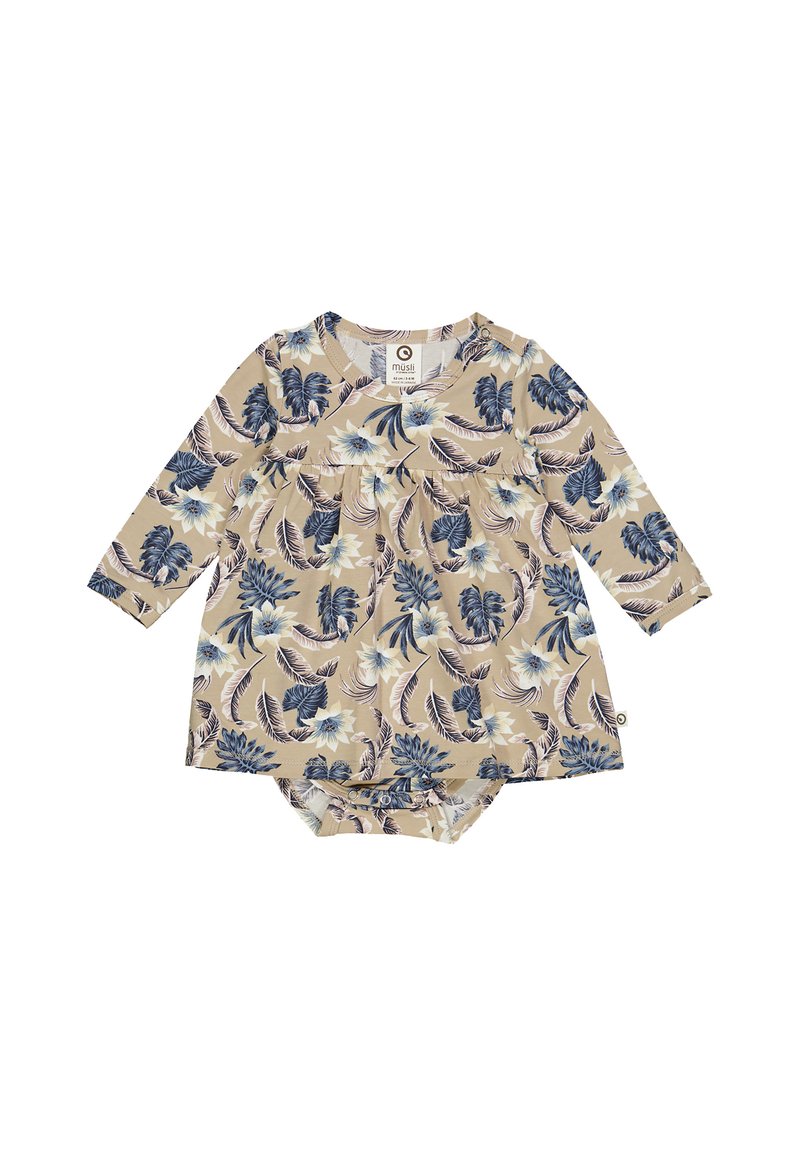 Béžový overal s dlouhým rukávem a květinovým vzorem, který obsahuje modré a krémové květiny. Vyroben z měkkého materiálu s nařaseným pasem a patentním zapínáním.