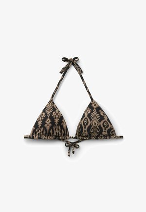 Trojúhelníkový bikiny top s černým a béžovým kmenovým potiskem, s halterovým zavazováním za krk a zavazováním vpředu.