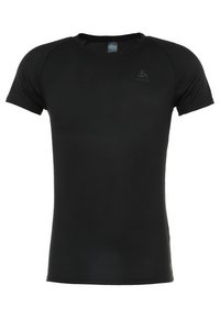 Black short-sleeve athletic shirt made of breathable mesh material. Features a round neckline and a logo printed on the upper left side.