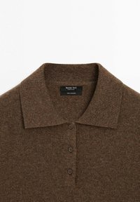 Hnědý kašmírový polo tričko s límečkem, se třemi hnědými knoflíky a tkanou texturou. Štítek zní "Massimo Dutti, vyrobeno v Číně, 100% kašmír."