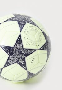 Grootte 5 geel-groene voetbal met zwarte sterpatronen en dierenillustraties, voorzien van getextureerde panelen en bedrukte cirkelvormige graphics.