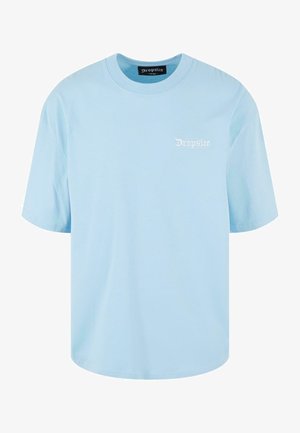 Light blue cotton t-shirt with short sleeves, a round neckline, and white embroidered "Dropsize" logo on the chest. Smooth texture.
