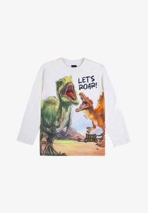 Langärmliges weißes Hemd mit bunten Dinosauriergrafiken und den Aufschriften "LASST UNS BRÜLLEN!" und "DINO WELT" am unteren Ende.