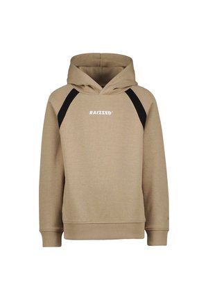 Beiger Hoodie mit schwarzen Schulterakzenten und weißem "RAIZZED"-Logo auf der Brust, mit langen Ärmeln sowie gerippten Bündchen an Ärmelenden und Saum.