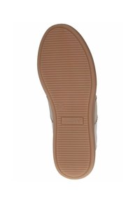 Semelle de chaussure avec une base en caoutchouc brun texturé ; partie supérieure légèrement colorée avec un accent métallique et des détails de logo.