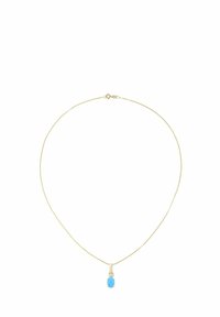 Hieno kultainen ketjuriipus, jossa pieni sininen ovaalinmuotoinen jalokivi kultaisissa kynsiasetuksissa, lukko näkyvissä yläkeskellä.