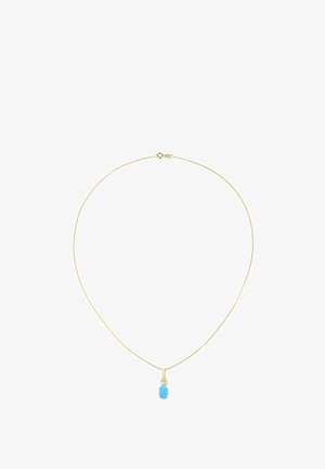 Õrn kuldkett kauni sinise ovaalse vääriskiviga ripatsiga, mis on kinnitatud kuldsete haakidega, lukk nähtav ülaservas keskel.