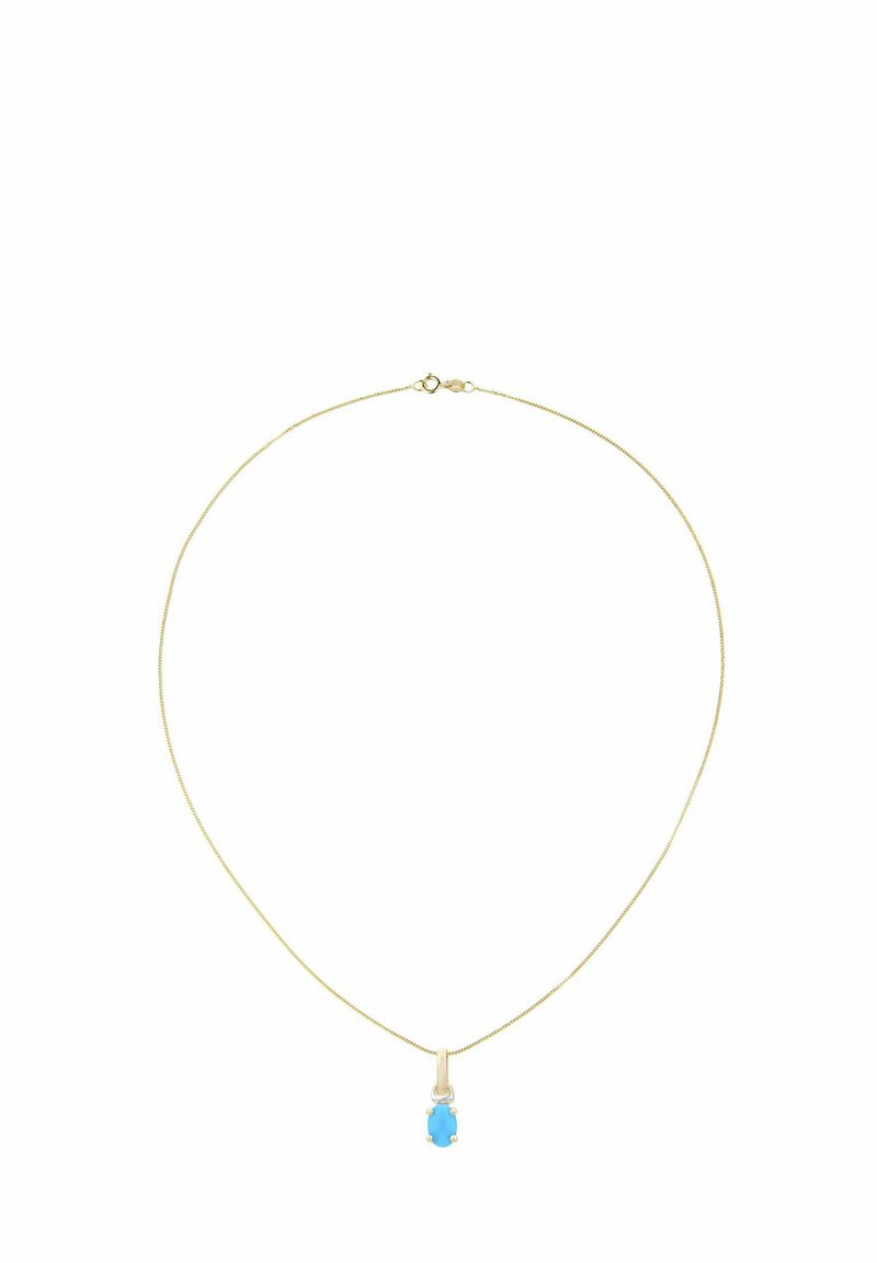 Hieno kultainen ketjuriipus, jossa pieni sininen ovaalinmuotoinen jalokivi kultaisissa kynsiasetuksissa, lukko näkyvissä yläkeskellä.