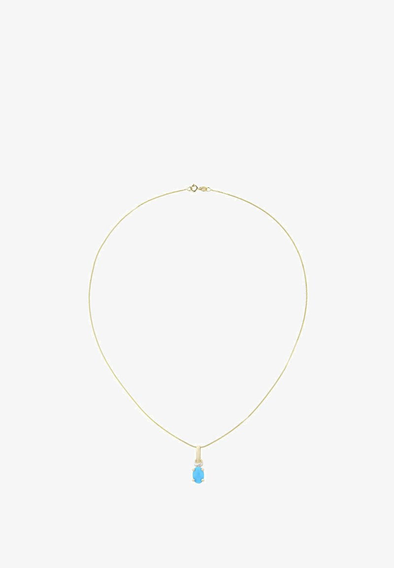 Hieno kultainen ketjuriipus, jossa pieni sininen ovaalinmuotoinen jalokivi kultaisissa kynsiasetuksissa, lukko näkyvissä yläkeskellä.