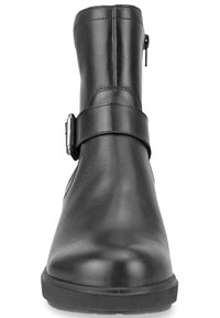 Bottine noire en cuir avec fermeture éclair latérale et bride décorative à boucle sur le devant, bout rond et semelle plate.