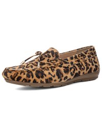 Loafer-style shoe with brown and black leopard print, rounded toe, decorative bow with metal tips, and flat rubber sole.