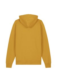 Yellow hooded sweatshirt with a kangaroo pocket, ribbed cuffs, and hem. Smooth texture, simple design, and no additional patterns.