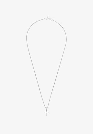 Silver chain necklace featuring a simple, small cross pendant. The chain is sleek and smooth, with a secure lobster clasp.