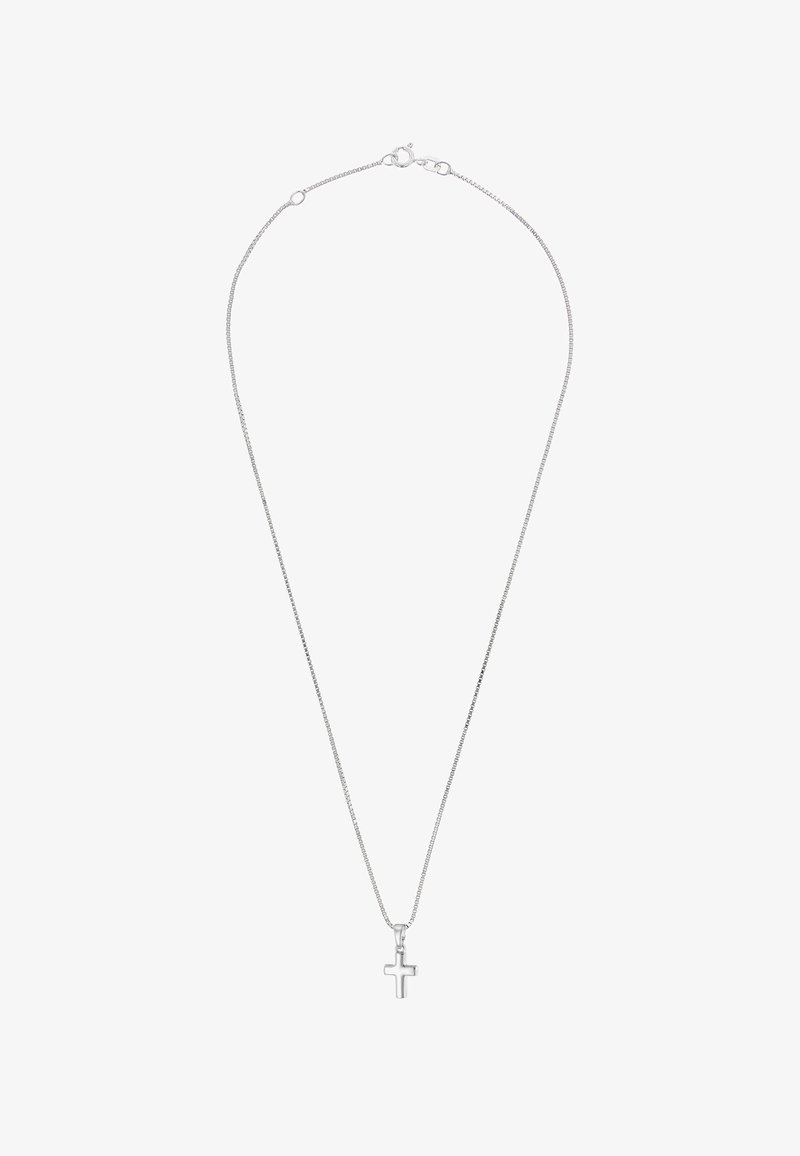 Silberne Kettenhalskette mit einem einfachen, kleinen Kreuzanhänger. Die Kette ist schlank und glatt, mit einem sicheren Karabinerverschluss.