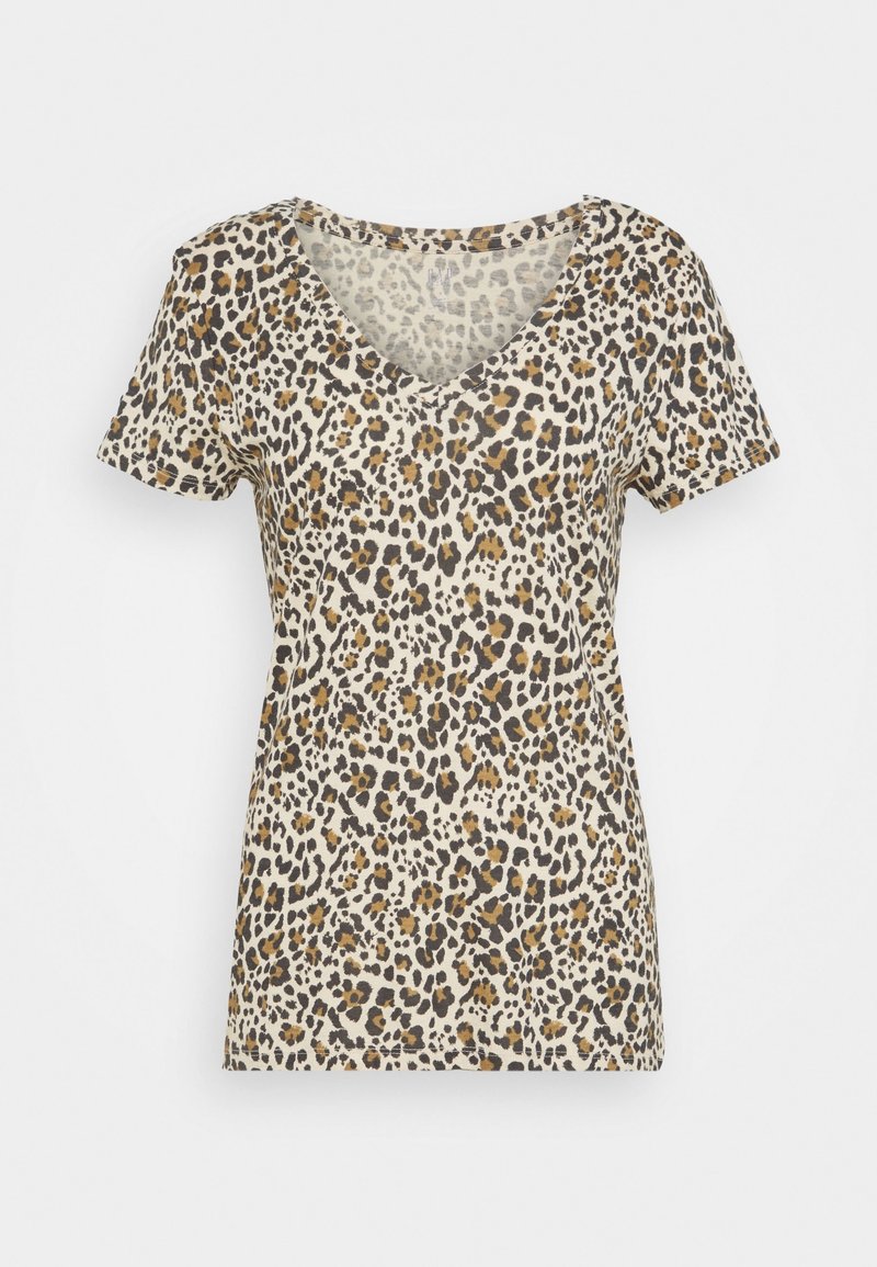 T-shirt à manches courtes en V, fabriqué en tissu léger, avec un fond beige et des taches de léopard noires et brunes.