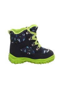 Stivale invernale blu e verde con parte superiore in nylon, foderato in pile e suola in gomma. Presenta motivi decorativi multicolori e hardware in metallo.