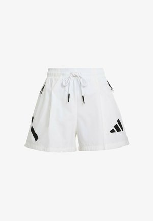 Pantaloncini sportivi bianchi con vita elasticizzata, coulisse e dettagli neri. Presentano tasche laterali e un logo triangolare sull'orlo.