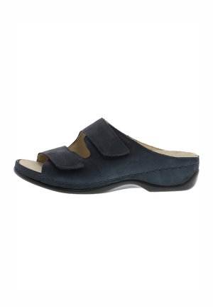 Marineblaue offene Zehen-Slide-Sandale mit zwei verstellbaren Klettverschlüssen und einer geformten Sohle für Komfort.