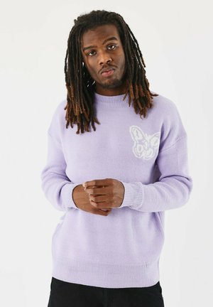 Maglione lilac lavorato a maglia con polsini e orlo a costine. Presenta un motivo a farfalla bianca sul lato sinistro del petto. Texture morbida, vestibilità casual.