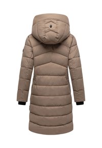 Light brown long padded winter coat with a hood, quilted design, and black inner wrist cuffs, shown from the back.
