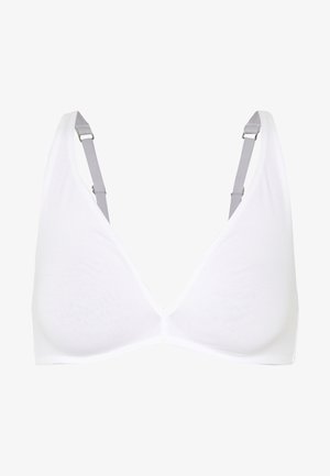 White, triangle-shaped bra with adjustable gray straps. Soft fabric with a smooth texture and no visible seams or padding. Simple design.