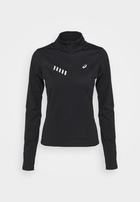 Schwarzes langärmliges Sportoberteil mit hohem Kragen, Reißverschluss am Hals, diagonalen weißen und grauen Streifen auf der Vorderseite und einem Logo auf der Brust.